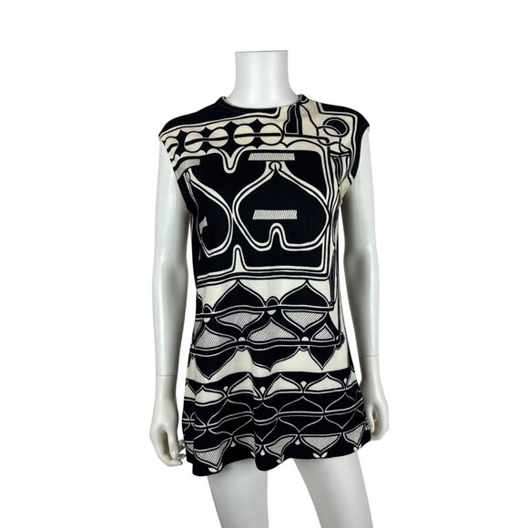 Vintage 70s Abstract Tunic Womens M Black & White Psychedelic Patterned Sleevele - Picture 2 of 10